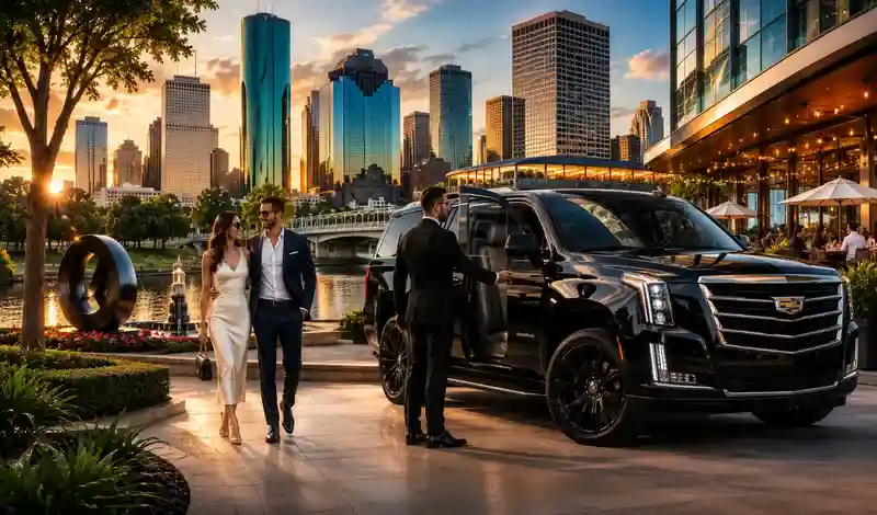 Luxury chauffeur service in Houston with a Cadillac Escalade, professional chauffeur, and upscale downtown skyline at sunset.